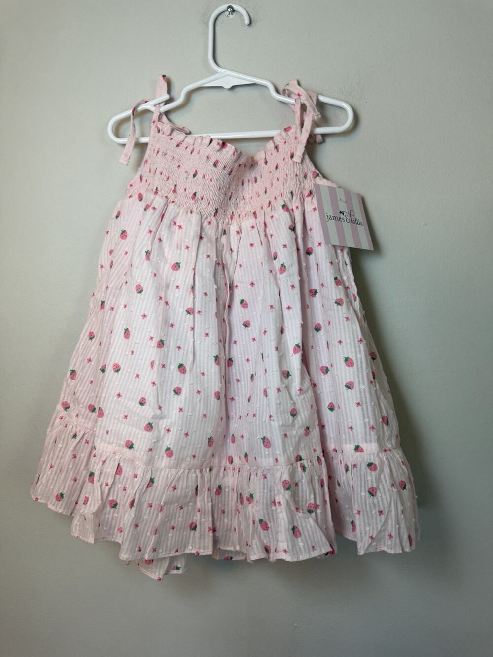 James & Lottie Smocked Swiss Dot Pink Strawberry Tie Strap Dress Girls Sz 6 NWT